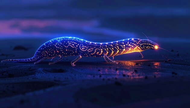 Lithe, bioluminescent creature with patterns on damp surface, evening sky