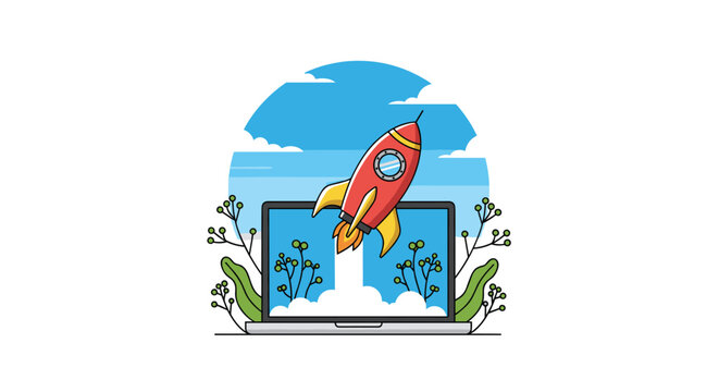 Red rocket ship launching from an open laptop screen surrounded by vibrant green foliage under a clear blue sky with fluffy clouds in a modern graphic.
