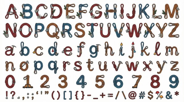 Font alphabet in Climbing route letters with rope loops carabiner counters and alpine decoration style from A to Z numbers punctuation isolated on white background.