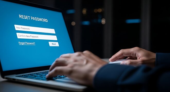 A person resetting their password on a laptop computer at night
