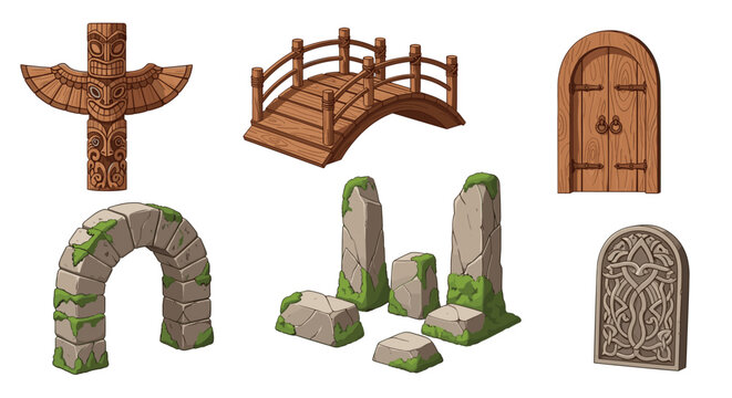 Fantasy ruins set featuring a carved totem pole, a wooden bridge, an arched wooden door, a stone archway, mossy standing stones, and a stone tablet.