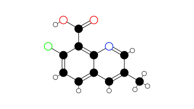 quinmerac molecule, structural chemical formula, ball-and-stick model, isolated image synthetic auxin herbicide