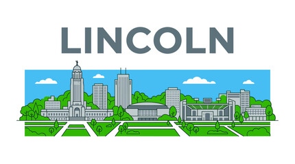 Naklejka premium Stylized Lincoln Nebraska city skyline with state capitol building flat vector illustration