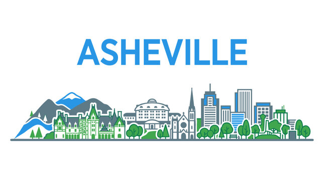 Stylized Asheville North Carolina skyline featuring Biltmore Estate and Blue Ridge Mountains vector illustration