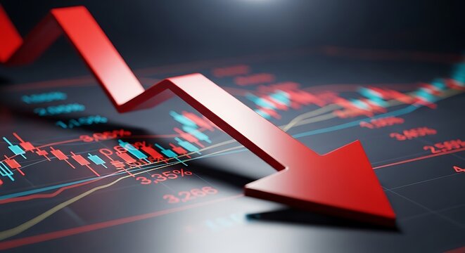Macro view of a red downward arrow over a fluctuating stock chart