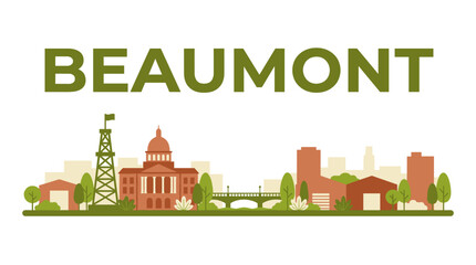 Obraz premium Beaumont Texas city skyline with oil derrick and courthouse flat vector illustration