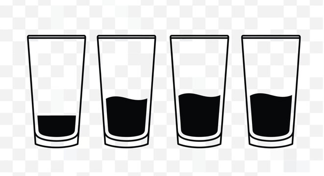 A series of four identical glasses showing progressively increasing levels of dark liquid