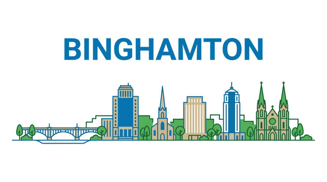Binghamton New York city skyline with bridge and landmarks flat line art vector