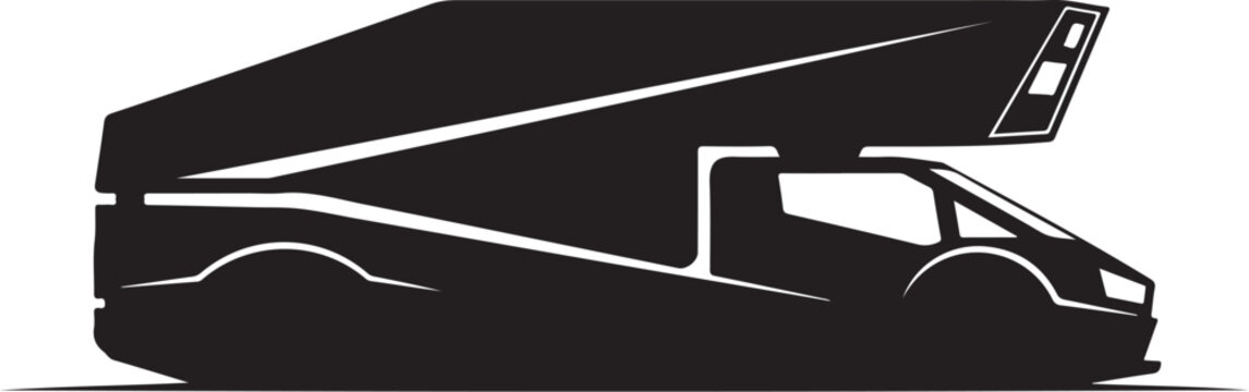 Black motorhome camper van, recreational vehicle icon, travel trailer symbol, vector silhouette