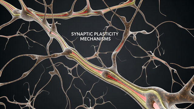 Neurons and their connections showing synaptic plasticity mechanisms in the brain with red and yellow highlights on a dark background