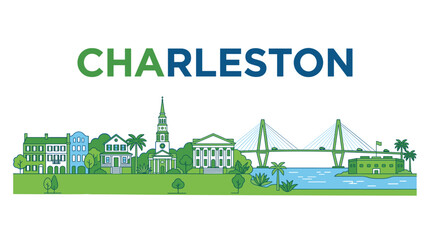 Naklejka premium Charleston South Carolina skyline landmarks with bridge and historic houses vector illustration