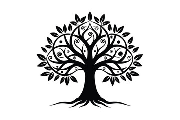 Obraz premium Mystical tree of life silhouette with decorative swirls and patterns.