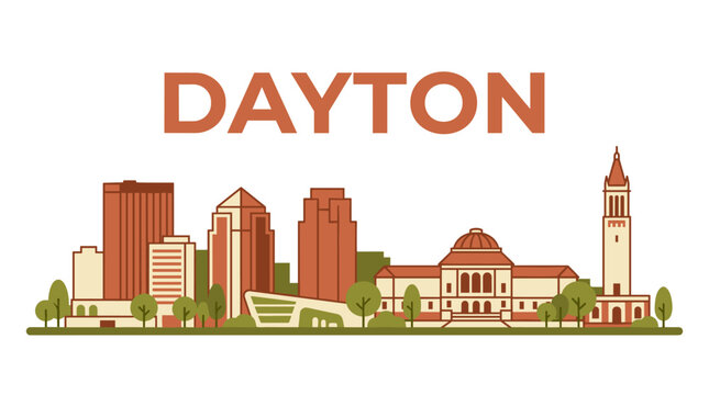 Dayton Ohio city skyline featuring landmarks isolated on white in flat vector style
