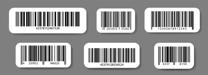 Set of EAN code stickers, linear barcode collection of labels. Product label, mark template designs with serial numbers for discount sticker, retail inventory system for barcode reader, scanner Vector © Volha