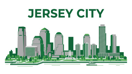 Fototapeta premium Jersey City skyline panorama with waterfront park flat green vector illustration