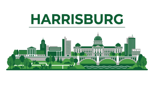 Harrisburg Pennsylvania city skyline with state capitol and bridge flat design vector illustration
