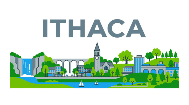 Ithaca New York skyline with landmark clock tower and waterfall flat vector illustration