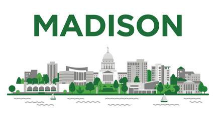 Fototapeta premium Madison Wisconsin city skyline with state capitol building flat vector illustration