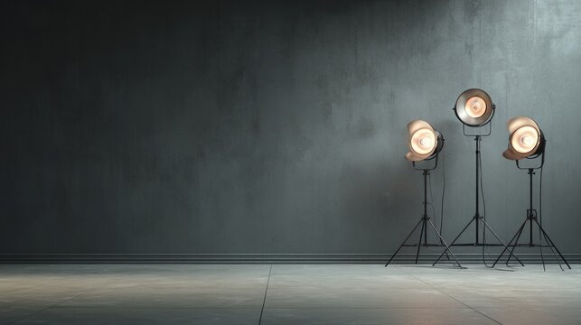 Studio lights on the floor by a gray wall offer space for messages.