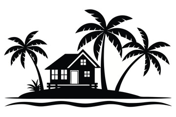 Obraz premium Tropical island silhouette with palm trees and beach hut.
