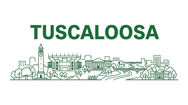 Minimalist green Tuscaloosa Alabama skyline illustration featuring Denny Chimes and stadium vector