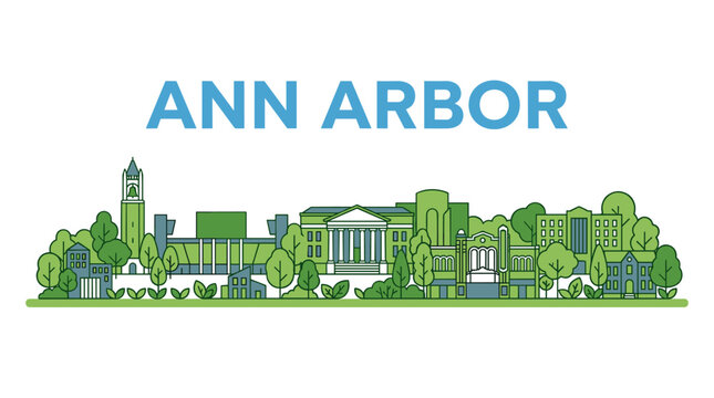 Modern Ann Arbor Michigan skyline with University of Michigan landmarks green linear vector illustration