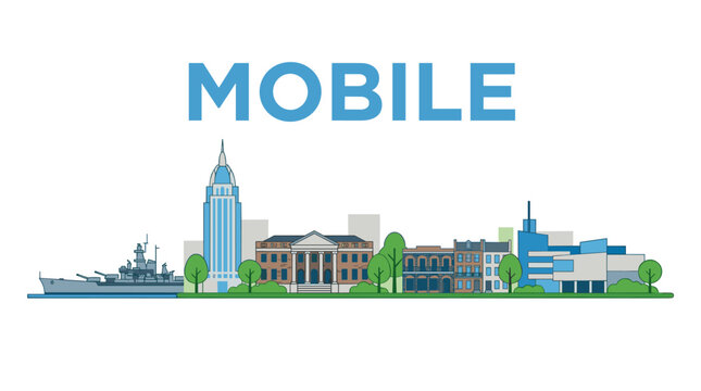 Mobile Alabama city skyline featuring battleship and historic buildings flat vector illustration