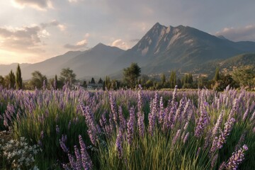 Obraz premium A scenic lavender field stretches toward tall mountains under a soft, cloudy sky during sunset.