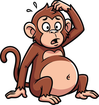 A cartoon monkey scratches its head with a puzzled expression on its face and a large belly
