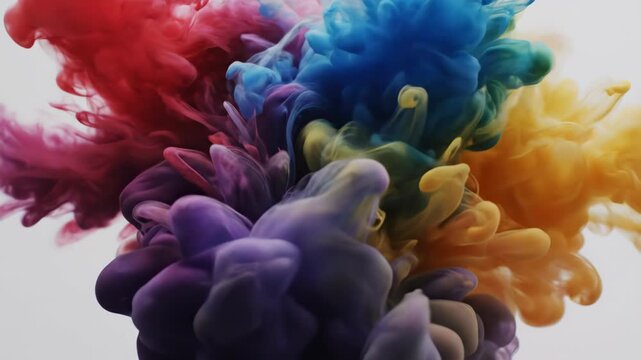 Vibrant Explosion of Colorful Ink Clouds Swirling and Mixing in Water, Creating Abstract Patterns.
