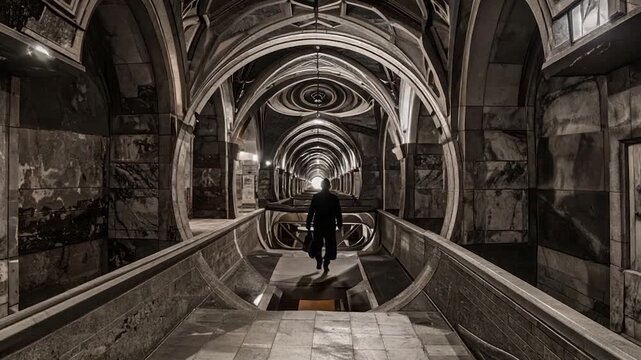 Tunnel vision Figure walks ornate stone corridor