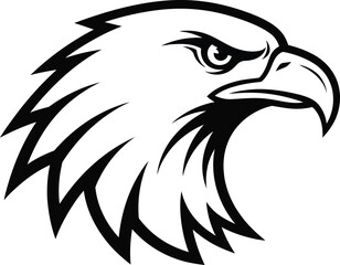 Fototapeta premium Powerful black outline illustration of a majestic eagle head in profile, featuring a fierce expression, perfect for sports mascots, emblems, and robust brand identities.