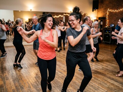 Happy women dancing in a lively group class
