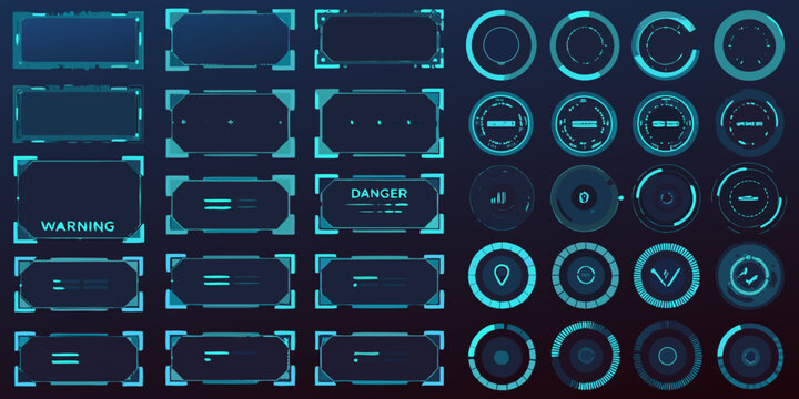 A collection of futuristic glowing blue holographic user interface elements