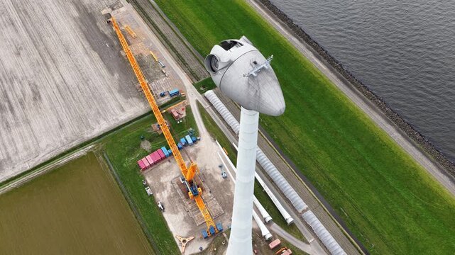 Wind turbine nacelle installation construction aerial view