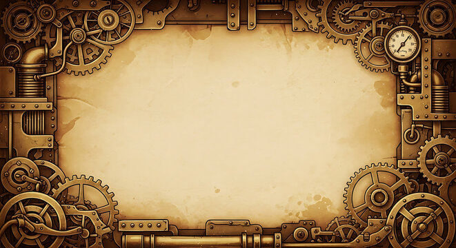 Steampunk gears and pipes frame with aged parchment background, vintage industrial border