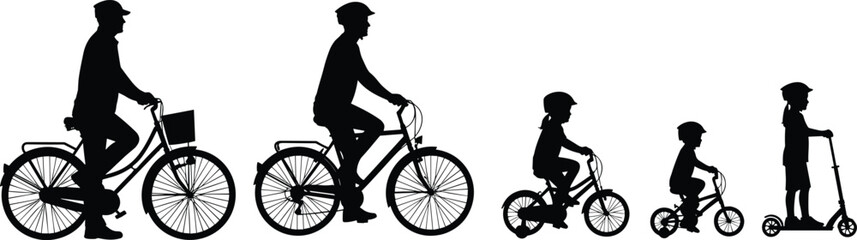 Fototapeta premium Vector black silhouettes of family riding bicycles and scooter, featuring parents and children wearing helmets on a white background, activity
