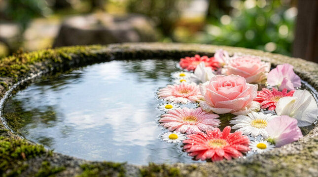 Colorful Floating Flowers with Shimmering Water, Minimal Composition