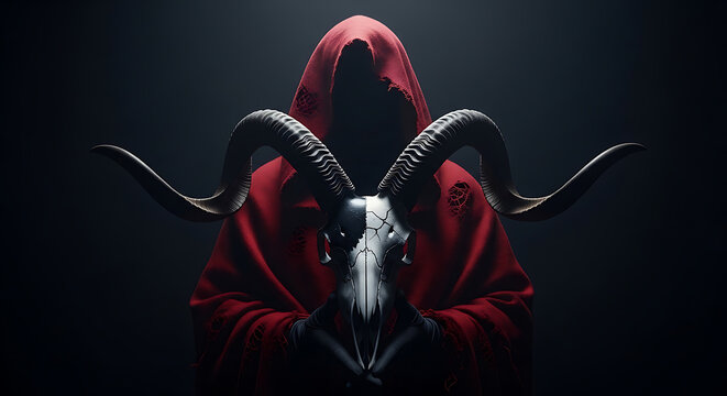 Sinister hooded figure holding ram skull with large horns in dramatic low light