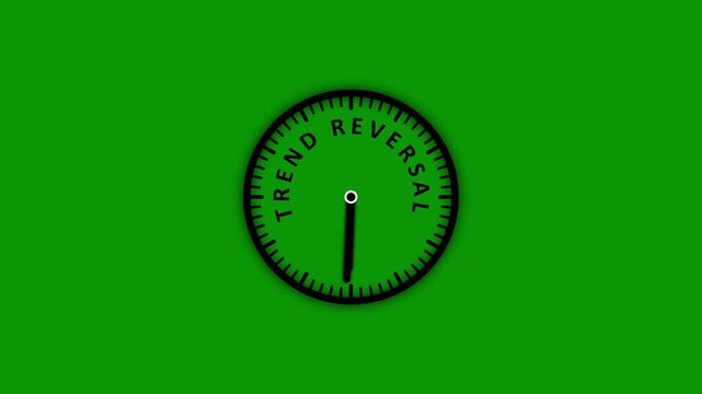 A minimalist black clock face with the words TRENDREVERSAL written in black capital letters around the dial, set against a bright solid green background, signifying a change in