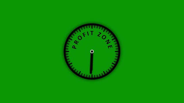 A simple black clock face with the words PROFITZONE encircling the dial set against a solid vibrant green background representing financial opportunity and success