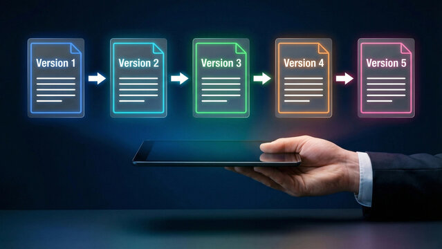 A hand presenting a tablet illustrating document version control and workflow progression.