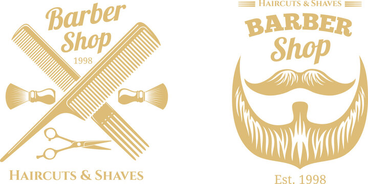 Barber shop sign with scissors and text design for haircuts and styles