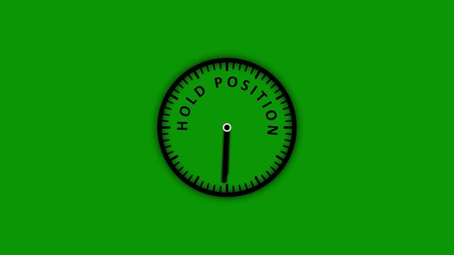 A straightforward depicting a black clock face with the words HOLDPOSITION inscribed in black text around the dial, presented on a solid vibrant green background representing a