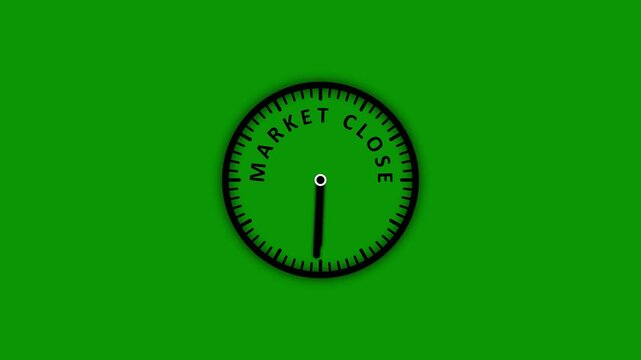 A simple black clock face with the words MARKETCLOSE displayed around the dial against a solid bright green background with no other graphical present. Keywords: clock, time