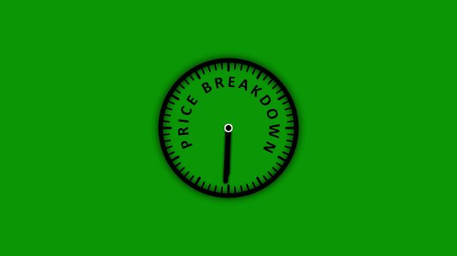 A minimalist black clock face with the words PRICEBREAKDOWN encircling the dial against a vibrant solid green background, symbolizing financial analysis and time-sensitive