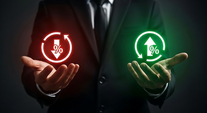 A businessman presenting two contrasting financial growth options with his hands