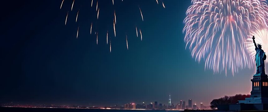 Statue of Liberty and fireworks border frame with iconic copy space for Independence Day concept as Iconic Statue of Liberty with vibrant fireworks framing space for Independence Day celebrations in  
