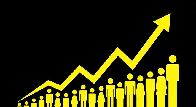 A graphic illustration of a growing population with a rising chart and arrow