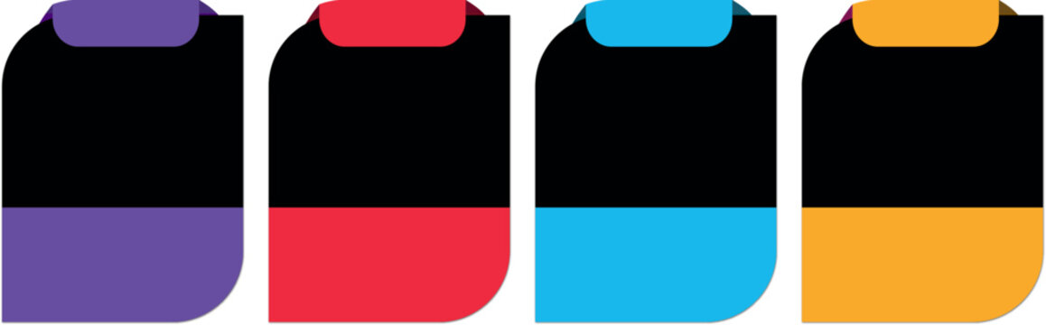 A set of four stylized folder icons featuring a unique top-tab design in black paired with a vibrant solid-colored base. These graphic elements are perfect for digital file management organization sys